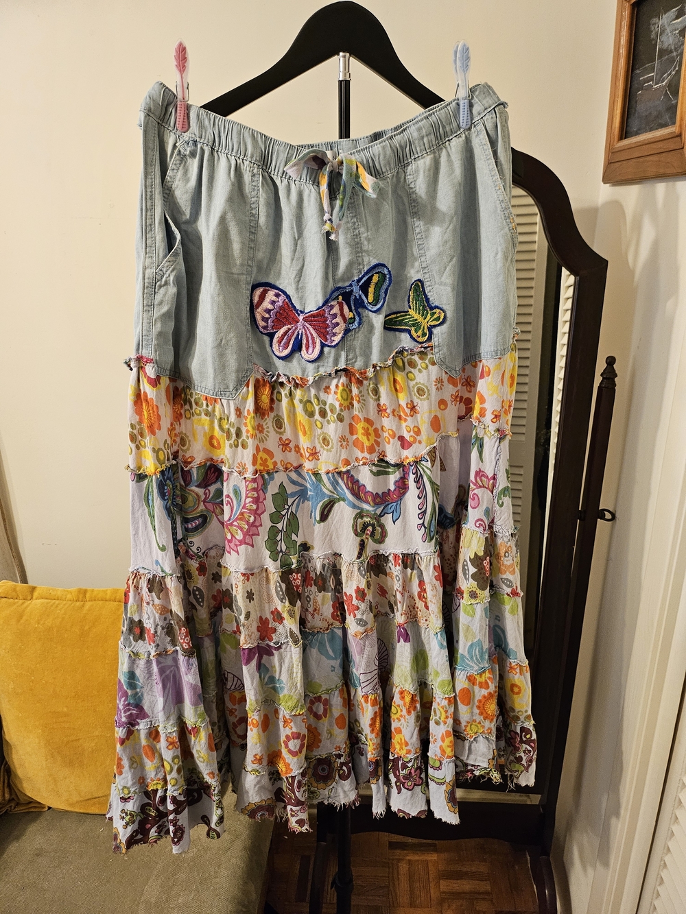 Bohemian Tiered Floral Maxi Upcycled Bohem Re Skirt in Light Blue and Multicolor